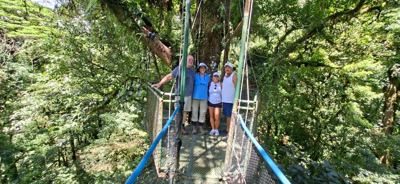 Visitantes en un puente colgante dentro del bosque lluvioso